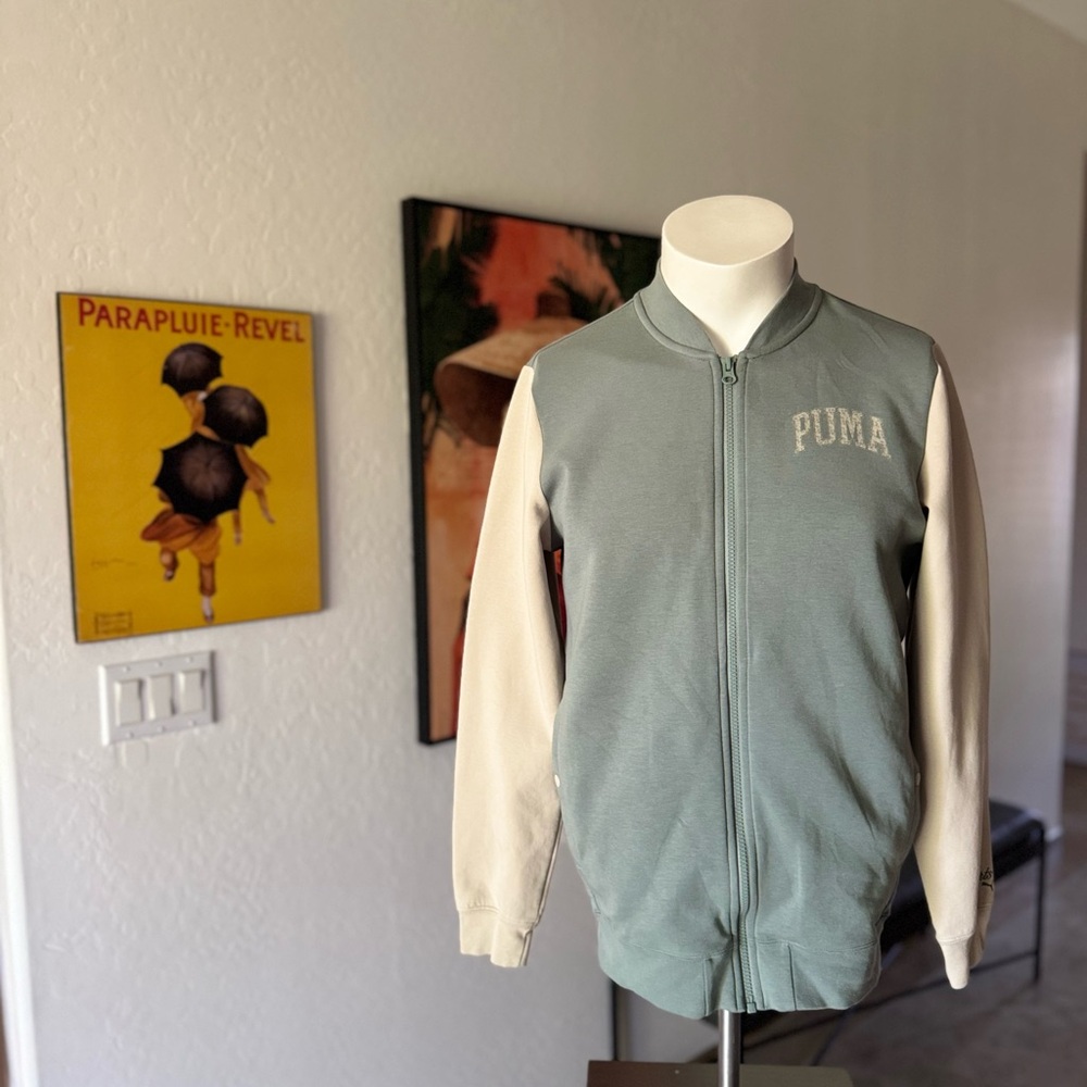 PUMA Men's Zip-Up Sweater in Green and Cream